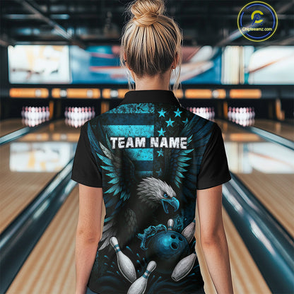 Custom Turquoise Vintage Us Flag Patriotic Eagle Bowling Shirt For Women, Retro Bowling Team Jerseys NQS10477