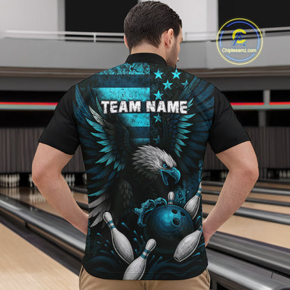 Custom Turquoise Vintage Us Flag Patriotic Eagle Bowling Shirt For Men, Retro Bowling Team Jerseys NQS10477