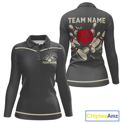Custom Retro Bowling Polo, Quarter Zip Shirt for Women Personalized Vintage Team Bowling Jersey NQS10505