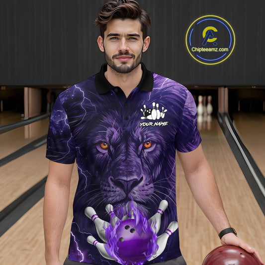 Purple Lightning thunder Flame Lion Bowling Polo, 1/4 Zip shirts for Men Custom bowling team jerseys NQS10175