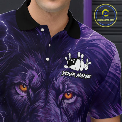 Purple Lightning thunder Flame Lion Bowling Polo, 1/4 Zip shirts for Men Custom bowling team jerseys NQS10175