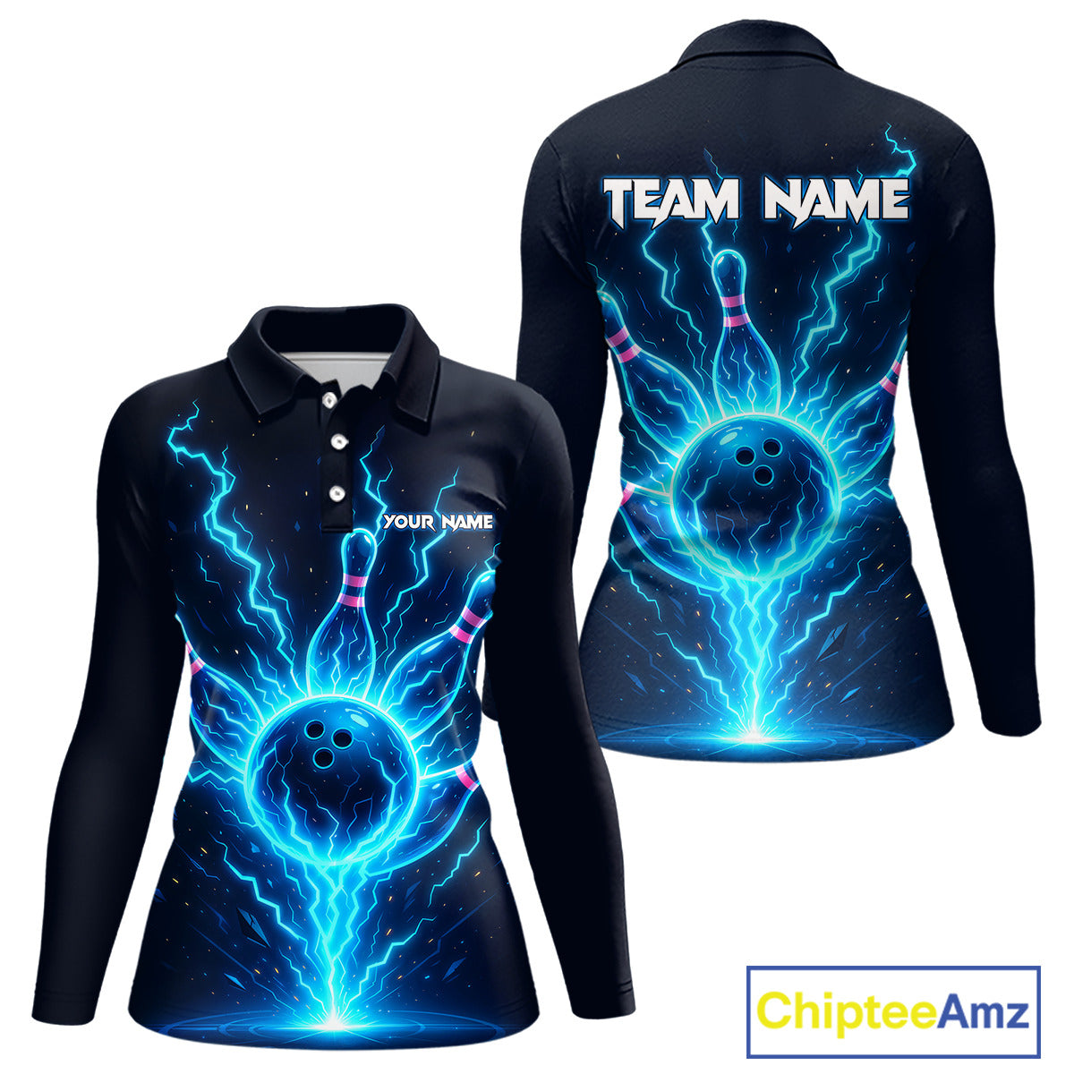Blue Lightning Thunder Bowling Polo, Quarter Zip Shirts for Women Custom Team Bowling Shirts NQS10520