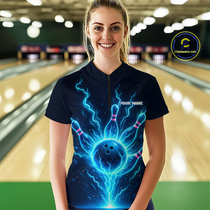 Blue Lightning Thunder Bowling Polo, Quarter Zip Shirts for Women Custom Team Bowling Shirts NQS10520