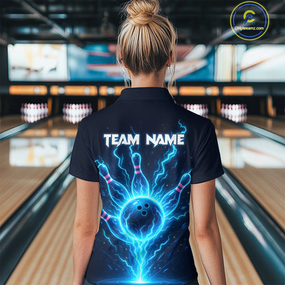 Blue Lightning Thunder Bowling Polo, Quarter Zip Shirts for Women Custom Team Bowling Shirts NQS10520
