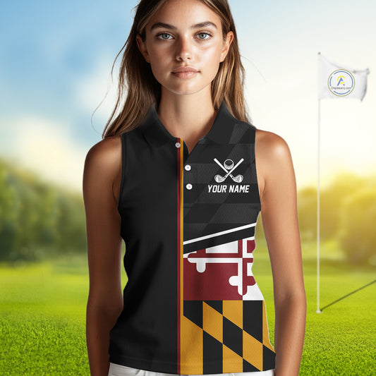 Maryland Flag black Women sleeveless polo shirt Custom Patriotic Ladies Golf attire For team NQS10188