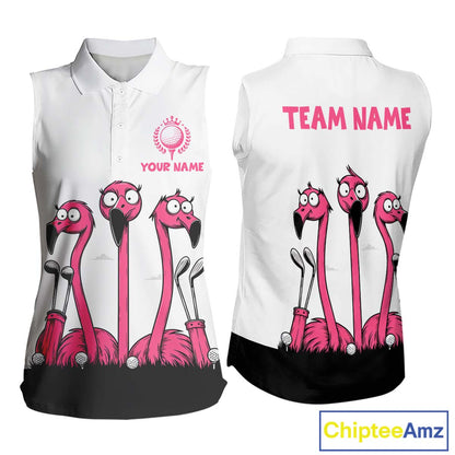 Funny pink flamingo friends white Women sleeveless polo shirt Custom flamingo ladies golf outfits NQS10201