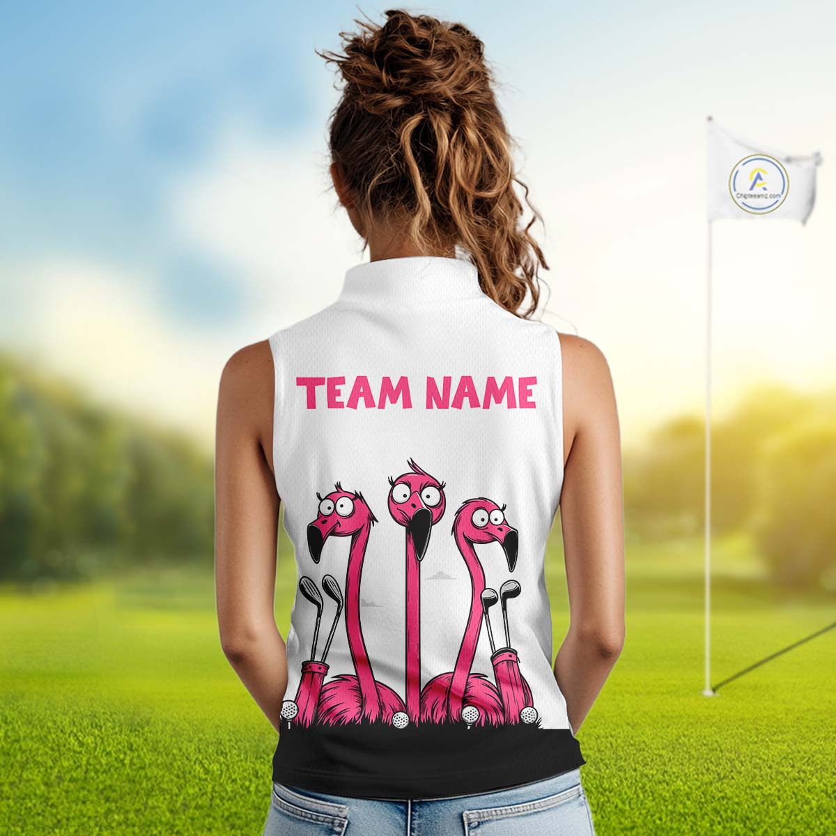 Funny pink flamingo friends white Women sleeveless polo shirt Custom flamingo ladies golf outfits NQS10201