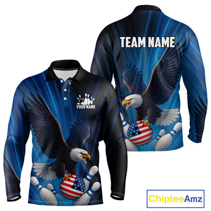 Blue Light Eagle American Flag Men's Bowling Polo, 1/4 Zip Shirt Custom Patriotic Team Bowling jersey NQS10350