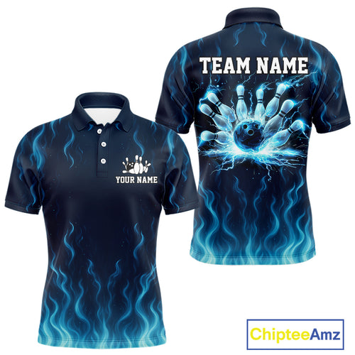 Blue flame lightning thunder Bowling polo, quarter zip shirts for men custom Bowling team jerseys NQS10387