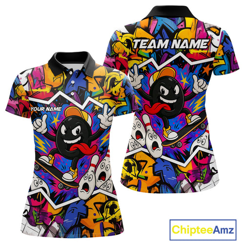 Colorful graffiti pattern Funny Bowling polo, quarter zip shirts for Women custom Bowling team jersey NQS10389