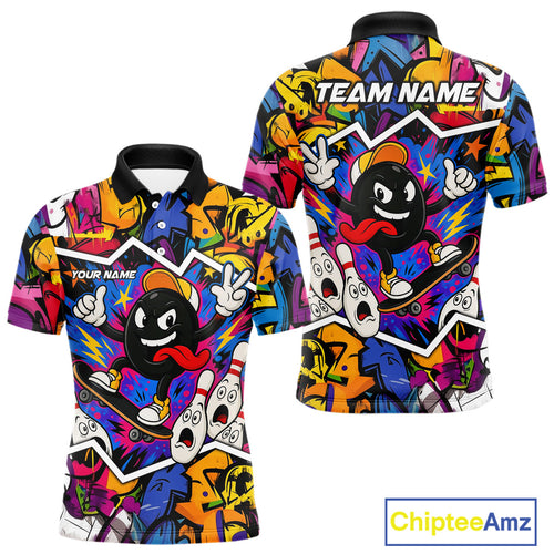 Colorful graffiti pattern Funny Bowling polo, quarter zip shirts for men custom Bowling team jerseys NQS10389