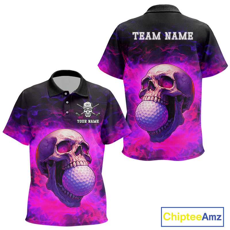 Custom Pink Flame Golf skull Halloween Kid golf polo shirt, Personalized Team Skull golf outfit NQS10400