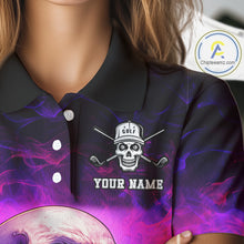 Load image into Gallery viewer, Custom Pink Flame Golf skull Halloween Women golf polo shirt, Personalized Team Skull golf outfit NQS10400