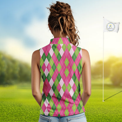 Pink and Green argyle pattern Women Sleeveless polos custom golf jerseys, personalized golf apparel NQS10408