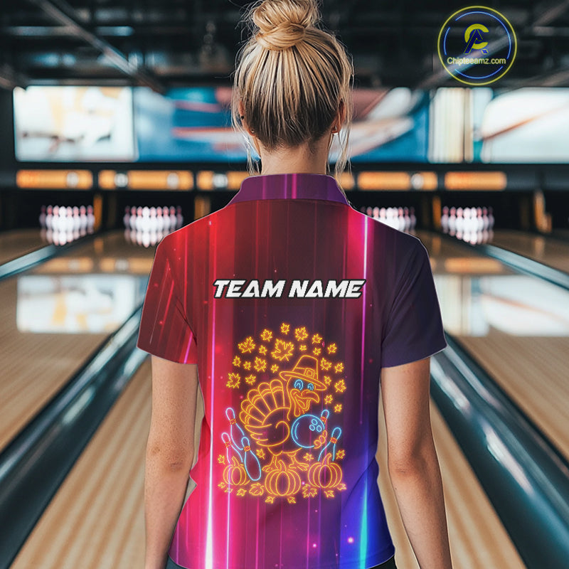 Colorful Neon Autumn Turkey Bowling Shirts for Women Custom Thanksgiving Bowling Team Jerseys NQS10417