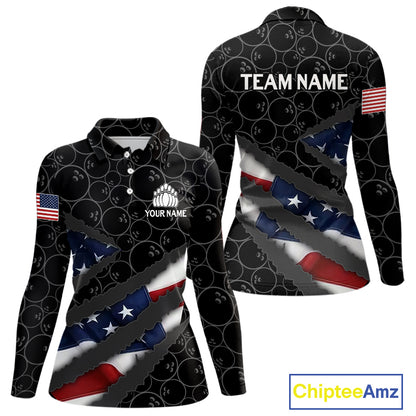 American Flag Women Bowling Shirt Custom Bowling Jersey for Team Patriotic Bowler Polo, 1/4 zip Shirt NQS10427