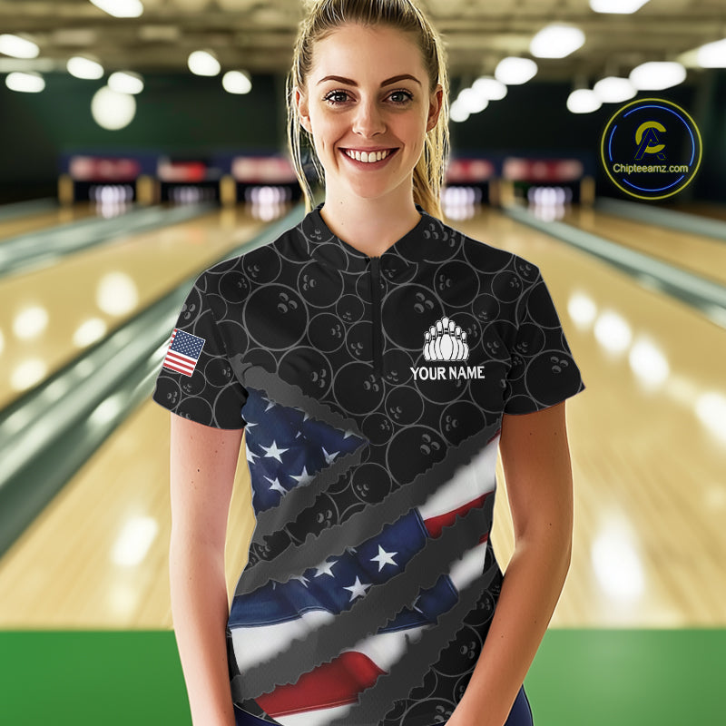 American Flag Women Bowling Shirt Custom Bowling Jersey for Team Patriotic Bowler Polo, 1/4 zip Shirt NQS10427