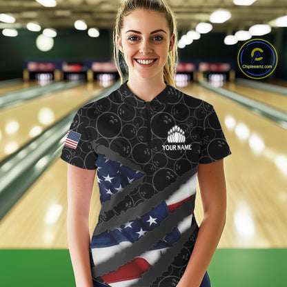 American Flag Women Bowling Shirt Custom Bowling Jersey for Team Patriotic Bowler Polo, 1/4 zip Shirt NQS10427
