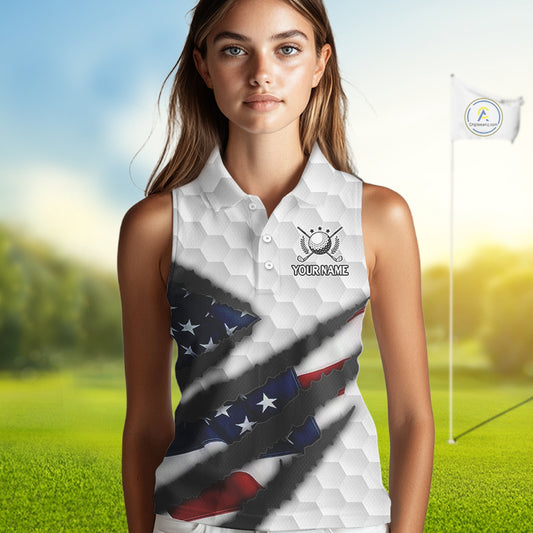 Personalized American Flag Golf Sleeveless polo shirt For Women Custom Patriotic Golf Gifts NQS10428