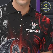 Load image into Gallery viewer, Red Dragon Roses Pattern Custom Bowling Polo, Quarter Zip shirts For Men, Dragon Bowling League Shirt NQS10626