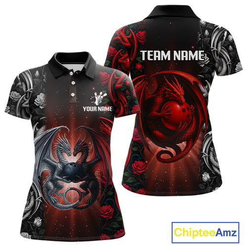 Red Dragon Roses Pattern Custom Bowling Polo, 1/4 Zip shirts For Women, Dragon Bowling League Shirt NQS10626