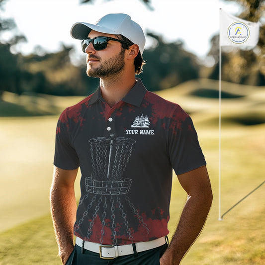 Black and Red Disc golf basket chain Men disc golf polo shirt custom number disc golf outfit for team NQS10438
