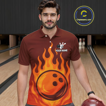 Orange Flame Bowling Polo, Quarter Zip Shirts for Men Custom Bowling Team League Jersey NQS10445