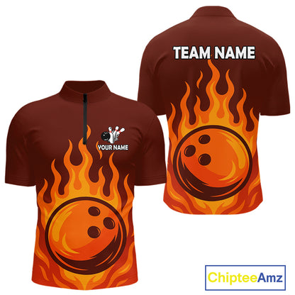 Orange Flame Bowling Polo, Quarter Zip Shirts for Men Custom Bowling Team League Jersey NQS10445