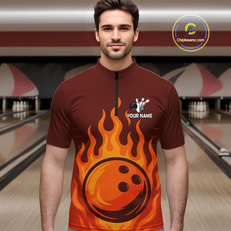 Orange Flame Bowling Polo, Quarter Zip Shirts for Men Custom Bowling Team League Jersey NQS10445