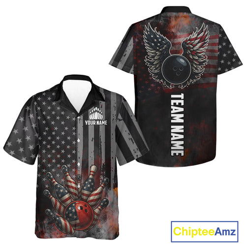 Black Smoke American Flag Bowling wings Hawaiian Shirt Custom Patriotic Bowling Team League Jersey NQS10632
