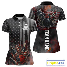 Load image into Gallery viewer, Black Smoke American Flag Bowling wings Shirts For Women Custom Patriotic Bowling Team League Jersey NQS10632