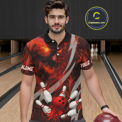 Red Flame Skull Bowling Polo, Quarter Zip shirts For Men Custom Halloween Team Bowling Outfit NQS10636