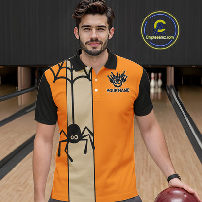 Orange and Black Halloween Retro Bowling Polo, 1/4 Zip Shirts For Men Custom Bowling Team Shirt NQS10464