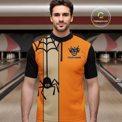 Orange and Black Halloween Retro Bowling Polo, 1/4 Zip Shirts For Men Custom Bowling Team Shirt NQS10464