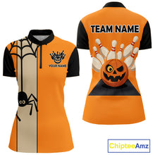 Load image into Gallery viewer, Orange and Black Halloween Retro Bowling Polo, 1/4 Zip Shirts For Women Custom Bowling Team Shirt NQS10464
