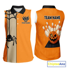 Load image into Gallery viewer, Orange and Black Halloween Retro Bowling Sleeveless Polo Shirts For Women Custom Bowling Team Shirt NQS10464