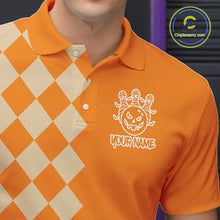 Load image into Gallery viewer, Orange Argyle Pattern Custom Halloween Mens Bowling Shirts, Personalized Bowling Team Shirt NQS10466