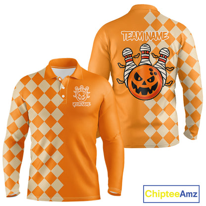 Orange Argyle Pattern Custom Halloween Mens Bowling Shirts, Personalized Bowling Team Shirt NQS10466