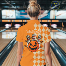 Load image into Gallery viewer, Orange Argyle Pattern Custom Halloween Ladies Bowling Shirts, Personalized Bowling Team Shirt NQS10466