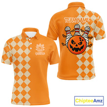 Load image into Gallery viewer, Orange Argyle Pattern Custom Halloween Mens Bowling Shirts, Personalized Bowling Team Shirt NQS10466