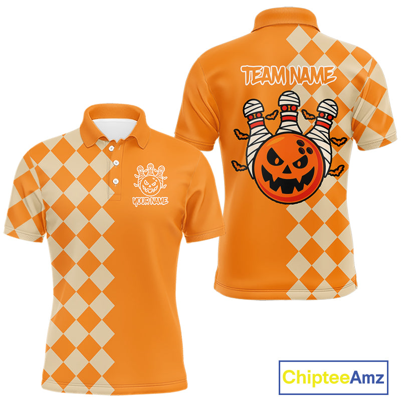 Orange Argyle Pattern Custom Halloween Mens Bowling Shirts, Personalized Bowling Team Shirt NQS10466