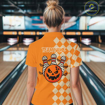 Orange Argyle Pattern Custom Halloween Ladies Bowling Shirts, Personalized Bowling Team Shirt NQS10466