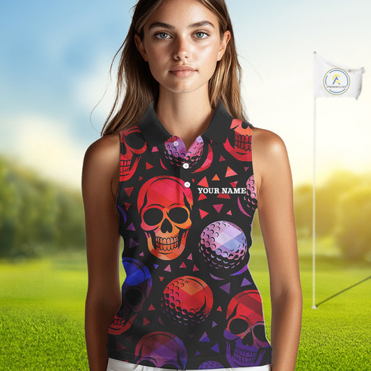 Red Gradient Skull Golf Ball pattern Sleeveless polo golf shirts Custom Halloween golf top for ladies NQS10511