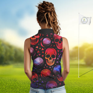Red Gradient Skull Golf Ball pattern Sleeveless polo golf shirts Custom Halloween golf top for ladies NQS10511
