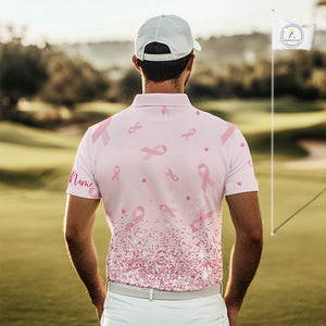 Pink glitter ribbons pattern Mens golf polo shirt Custom Breast Cancer Awareness golf outfit for men NQS10514