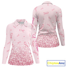 Load image into Gallery viewer, Pink glitter ribbons pattern Women golf polo shirt Custom Breast Cancer Awareness ladies golf outfit NQS10514