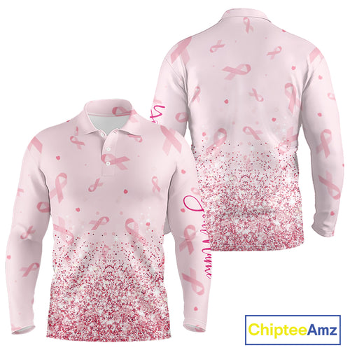 Pink glitter ribbons pattern Mens golf polo shirt Custom Breast Cancer Awareness golf outfit for men NQS10514