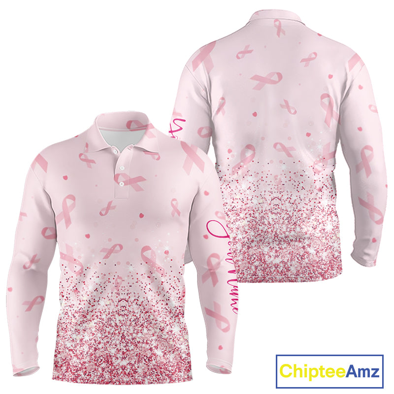 Pink glitter ribbons pattern Mens golf polo shirt Custom Breast Cancer Awareness golf outfit for men NQS10514