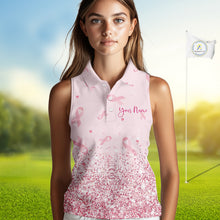 Load image into Gallery viewer, Pink glitter ribbons pattern Sleeveless polo shirt Custom Breast Cancer Awareness ladies golf outfit NQS10514