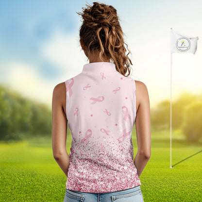 Pink glitter ribbons pattern Sleeveless polo shirt Custom Breast Cancer Awareness ladies golf outfit NQS10514
